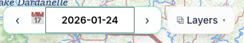 The date stepper in the top-left of the map