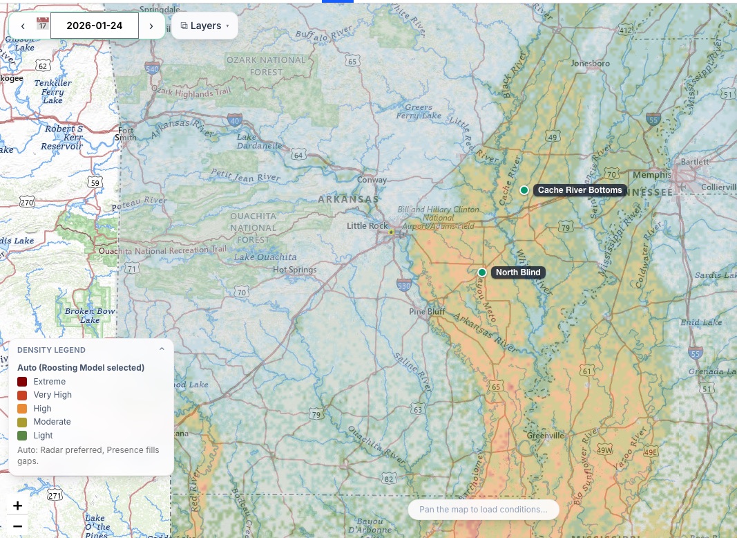 Waterfowl density over the Mississippi flyway on a January morning, with the density legend