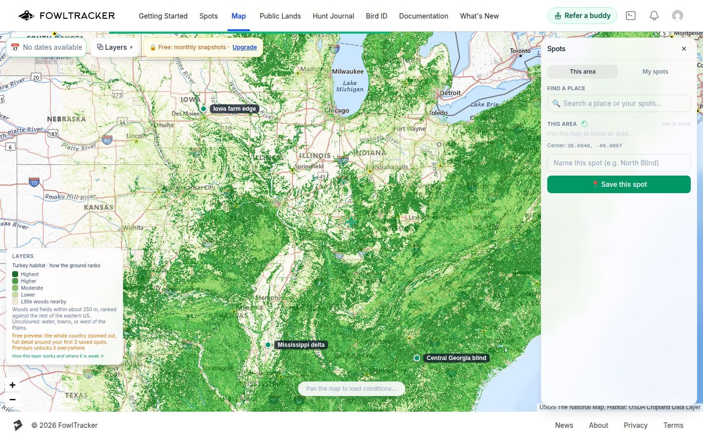 A free account zoomed out to the eastern US with the turkey habitat layer drawn and the free-preview note in the legend