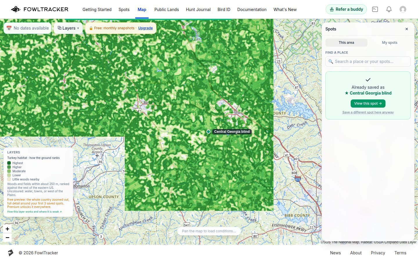 A free account zoomed in on a saved spot, with detail drawn in a square around it and nothing outside it