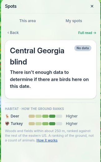 A saved spot open in the Spots panel with its roost read and the deer and turkey habitat meters underneath