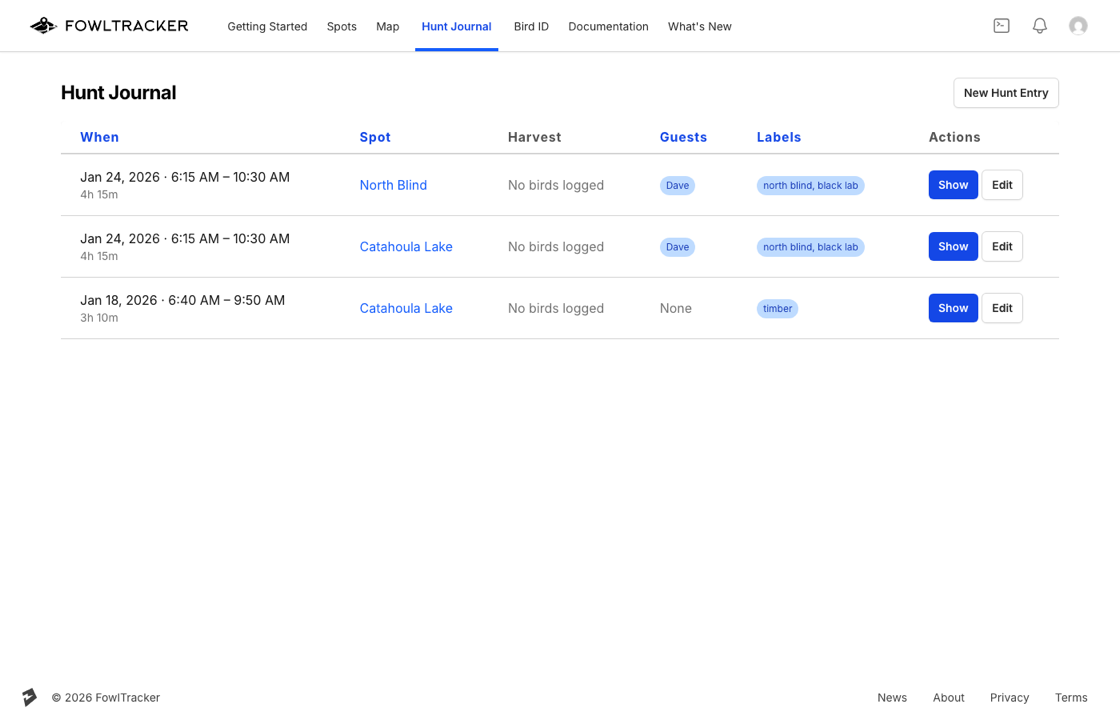 The Hunt Journal listing hunt entries