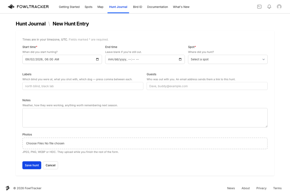The new hunt entry form