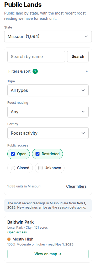 Filters and sort open on a phone, with Open and Restricted access selected