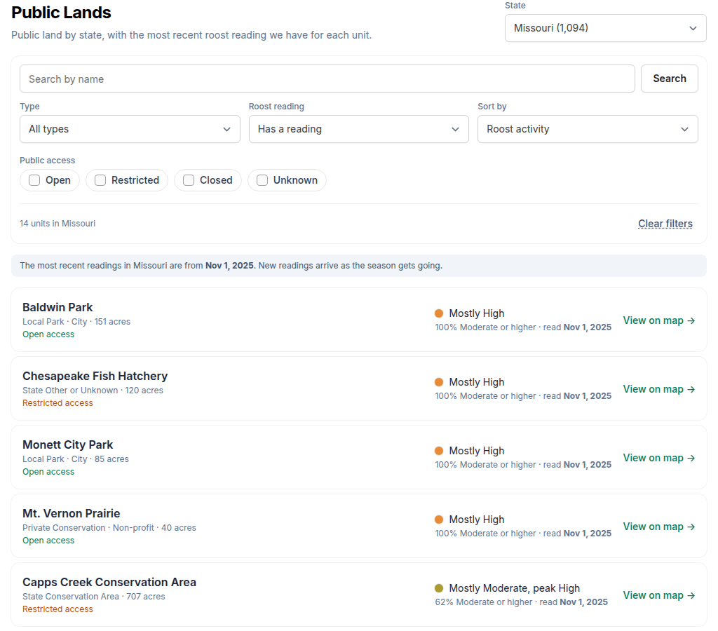The Public Lands page for Missouri, sorted by roost activity, with each unit's most recent reading