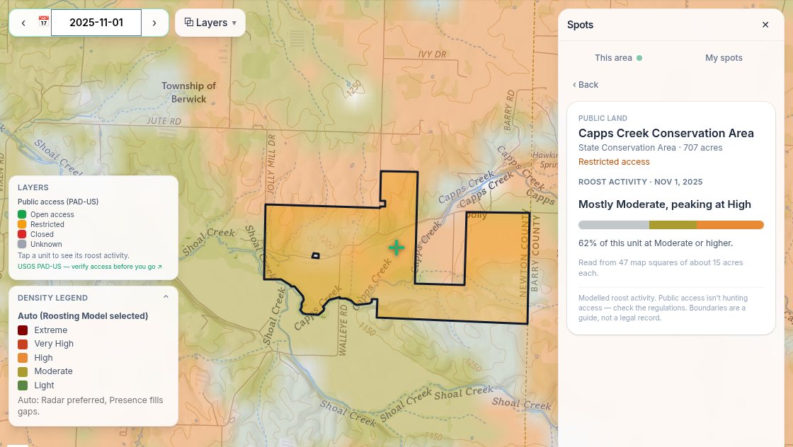 The map centred on Capps Creek Conservation Area with its roost reading open in the Spots panel