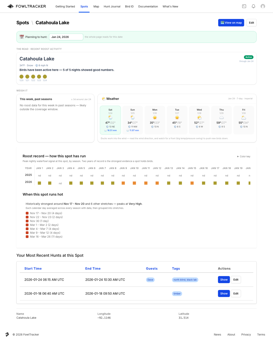 A spot page showing The read, Weigh it, Track record and Your hunts
