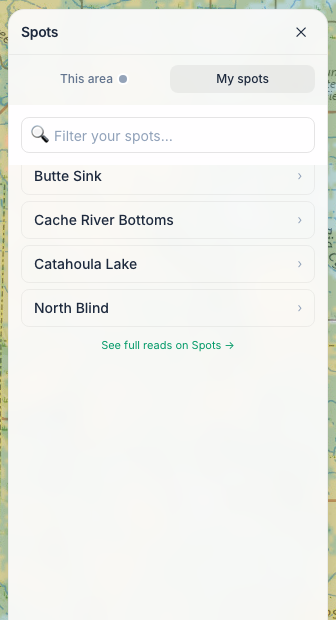The My spots tab listing saved spots