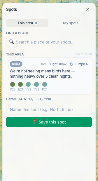The This area tab showing a live roost read for the map centre