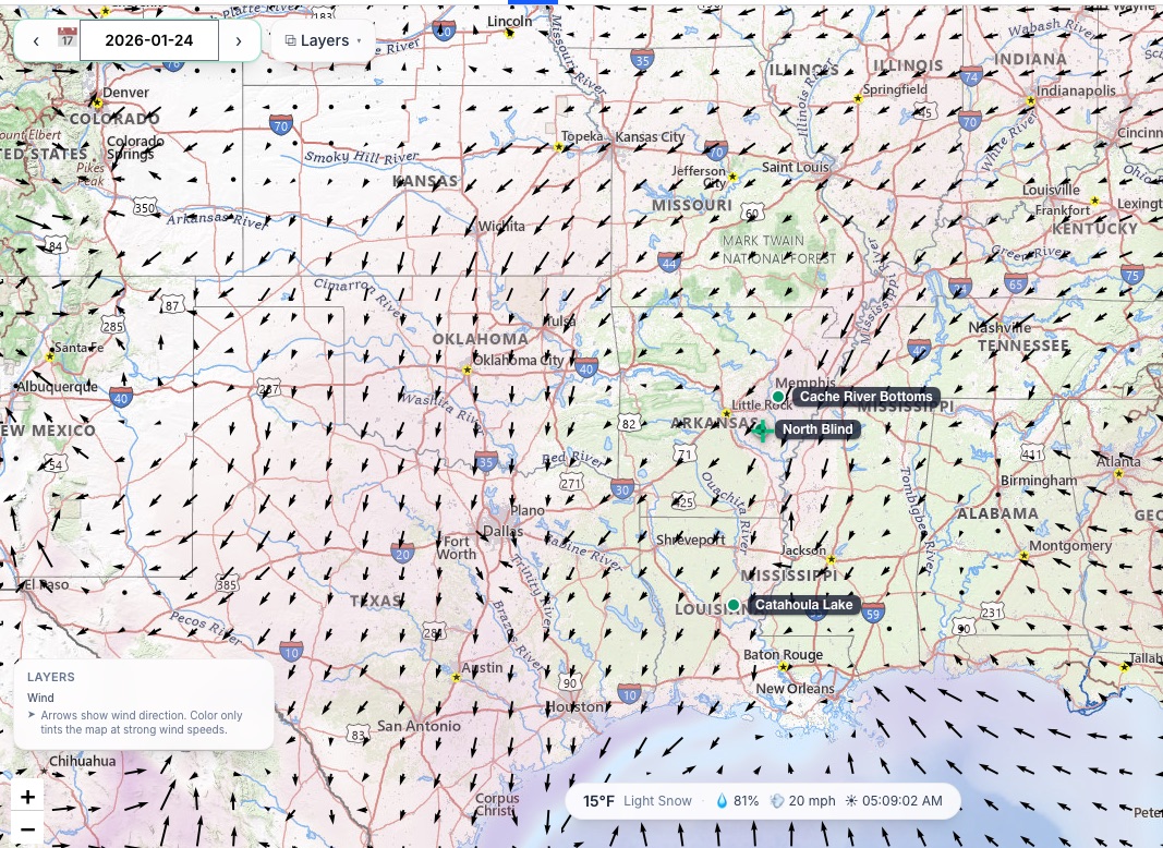 Wind overlay showing direction arrows
